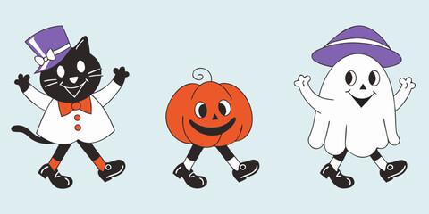 Whimsical halloween characters including a black cat jack o lantern and ghost walking together