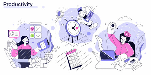 Modern illustration of productivity concepts with people working efficiently and managing tasks with technology and time management tools