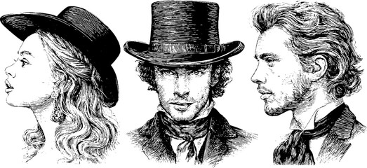 Vintage engraving style illustration set featuring victorian era ladies and gentlemen silhouettes