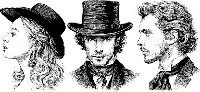 Vintage engraving style illustration set featuring victorian era ladies and gentlemen silhouettes
