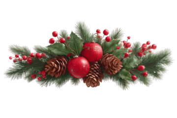 Red and green Christmas wreath with pine cones and red balls