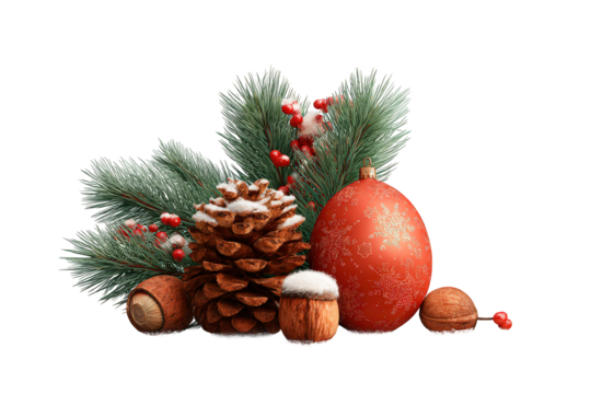 Red ball sits on top of a pine cone and a nut