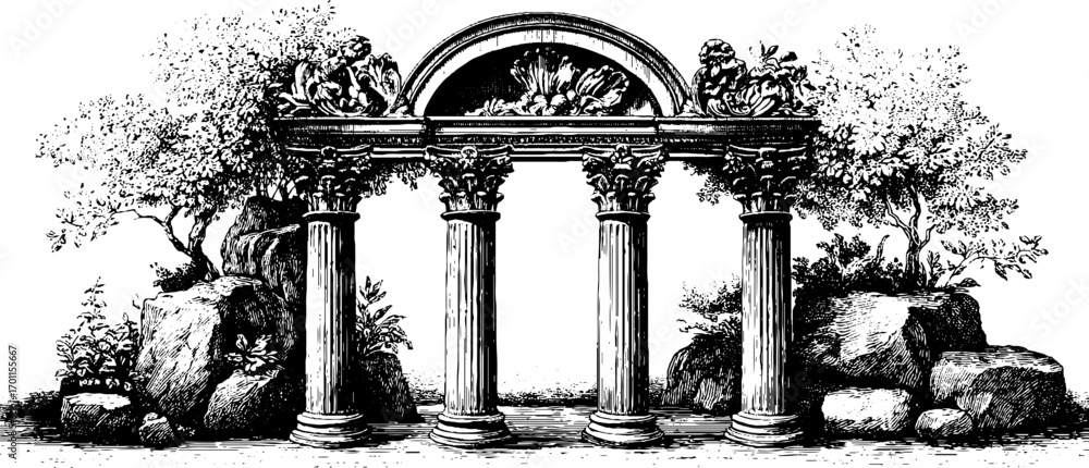 Poster classical architecture vintage engraving with elegant columns and ornamental design