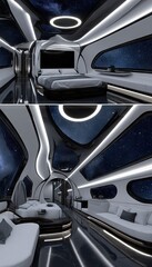 Fototapeta premium A futuristic bedroom with panoramic stargazing views, showcasing contemporary design and luxurious amenities.