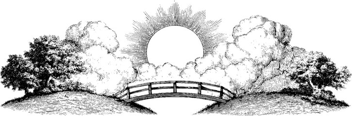 Vintage engraving style illustration of spring landscape with bridge and sun