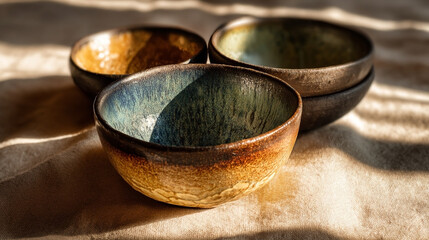 Handcrafted ceramic bowls showcasing unique glaze patterns under soft sunlight