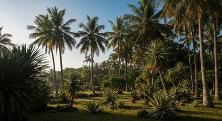 Obraz premium Lush tropical garden with tall palm trees (1)