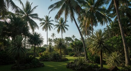 Obraz premium Lush tropical garden with palm trees. Sunlight filters through the canopy