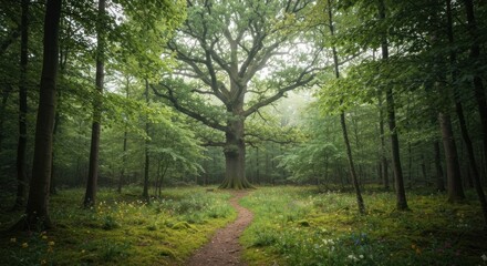 Obraz premium Majestic oak tree in a misty forest. A path winds through a vibrant, spring-like forest floor, leading to a large, ancient oak tree at the center
