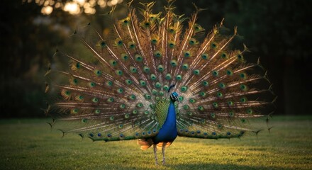 Obraz premium Majestic peacock with vibrant plumage displays its magnificent tail feathers in a grassy park