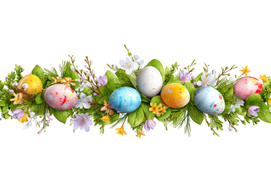 Colorful arrangement of Easter eggs and flowers - Powered by Adobe