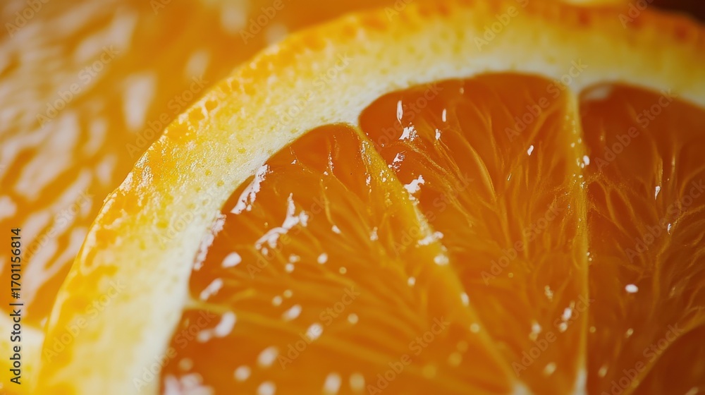 Poster close-up view of an orange slice's intricate texture.