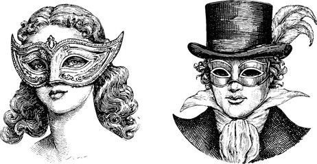 Elegant vintage engraving style illustration of masked woman and man in costume for retro design