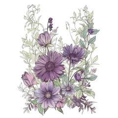 A bouquet of various pastel purple and lavender flowers