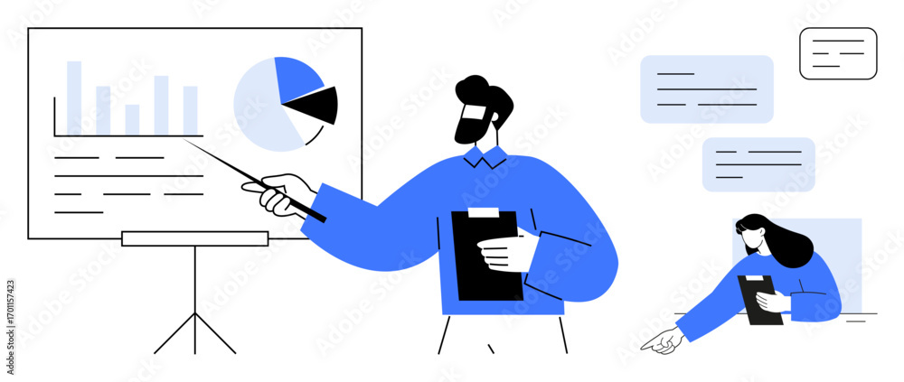 Aufkleber professional presenting data charts with a pointer, colleague holding notes, and speech bubbles. ide
