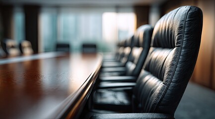Empty conference room, long table, and black leather chairs.  Blurred background of office space and windows