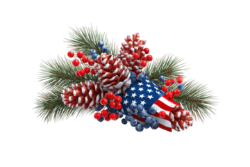 Red, white, and blue American flag is placed on top of a bouquet of pinecones