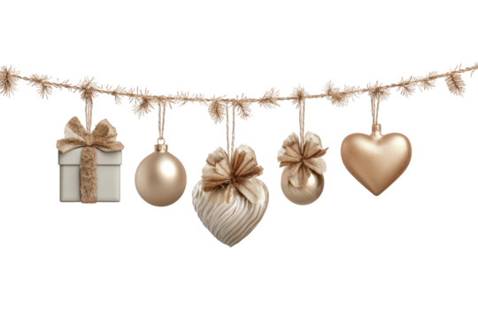String of gold ornaments hangs from on transparent background