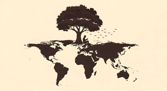 World Introvert Day A solitary figure reads under a sprawling tree, seated on a world map, symbolizing knowledge and global growth