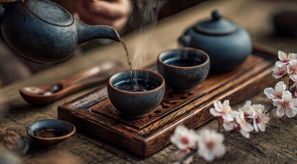 Tea pouring ceremony, steaming cups