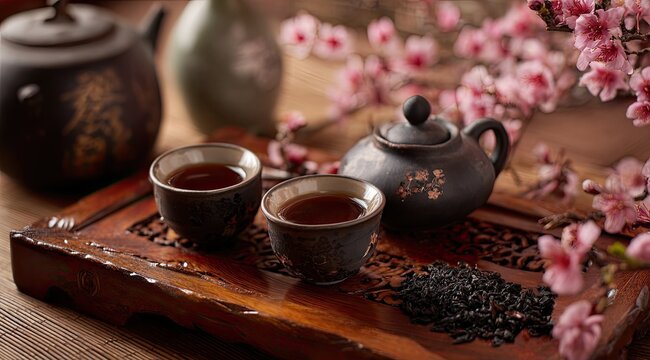 Traditional tea set with tea leaves and blossoms
