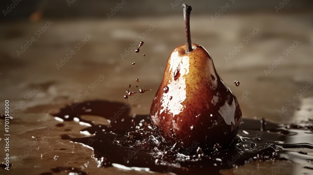 Poster pear in a pool of dark liquid.
