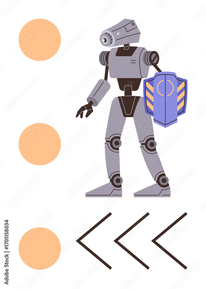 Poster humanoid robot holding a shield alongside circular patterns and angular symbols. ideal for technolog