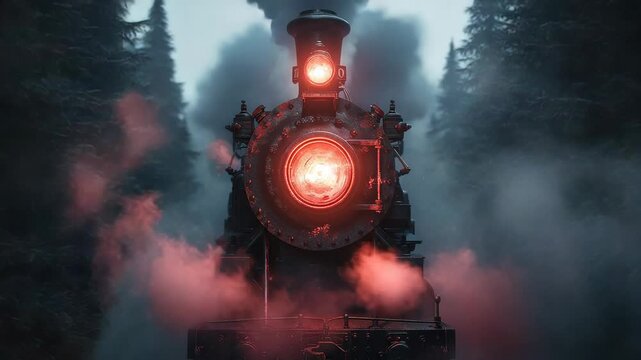 Vintage locomotive with glowing front light and smoke moving through lush green forest
