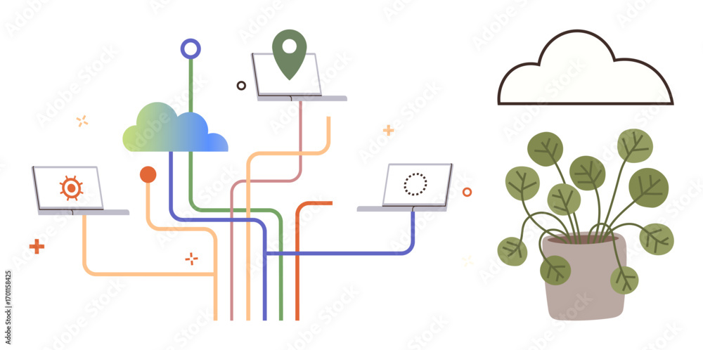 Poster laptops connecting to cloud via vibrant lines, representing network, data sharing, digital connectiv