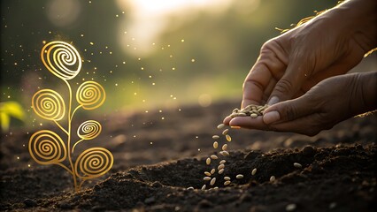 Hand sowing seeds in soil with golden plant illustration near