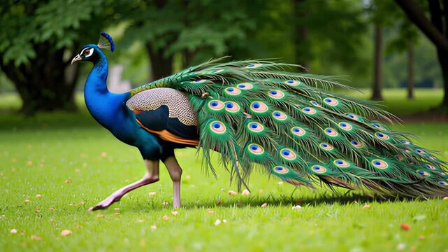 A vibrant peacock strutting majestically across a sunlit meadow, showcasing stunning iridescent plumage in motion