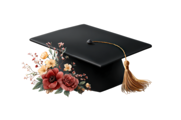 Black graduation cap with a gold tassel and flowers on it
