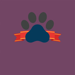 A cartoon paw print in navy blue and dark gray is featured with a red and gold ribbon on a muted purple background in this illustrative design.