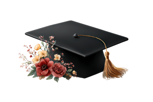 Black graduation cap with a gold tassel and flowers on it