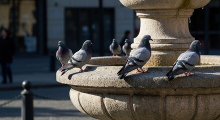 Pigeons perched on a stone fountain in a city square