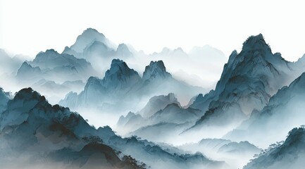 Misty mountain range, painted in ink wash style, with soft blues, grays, and blacks