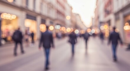 Obraz premium Blurred City Street at Dusk: Anonymous Figures and Golden Hour Glow