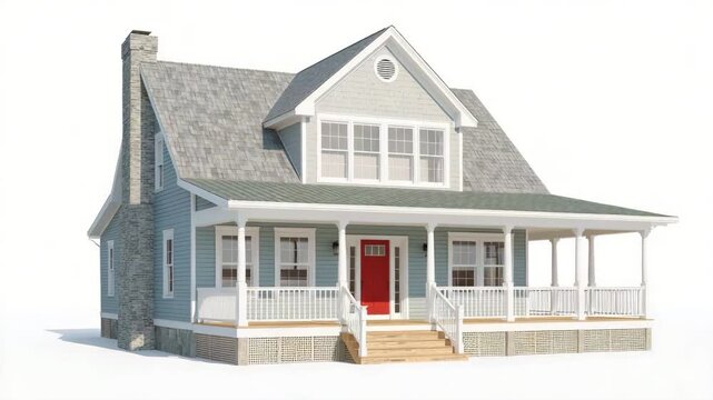 Blue suburban house with a large porch isolated on white background