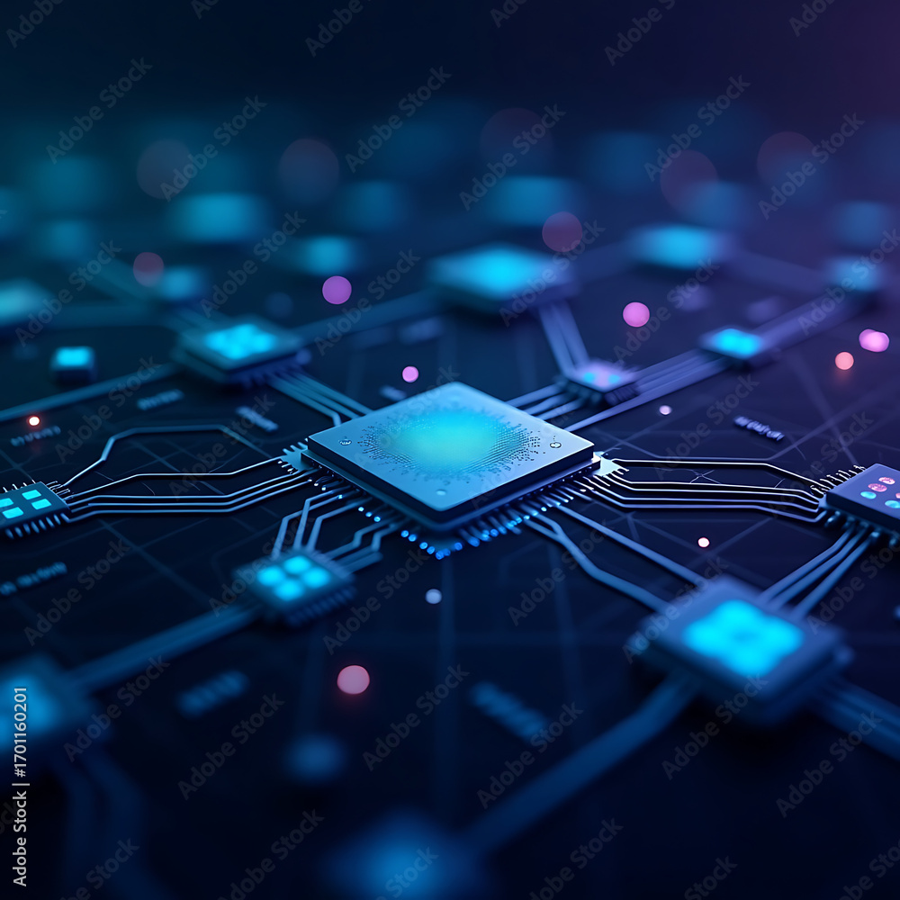 Poster stunning digital circuit board with glowing processors and intricate connections, representing advan