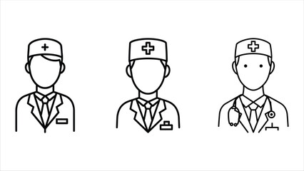 Three stylized line art icons representing medical professionals wearing caps and lab coats, one with a stethoscope.