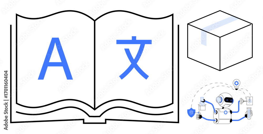 Poster open book with multilingual text, abstract 3d box, and ai robot managing tasks and data. ideal for t