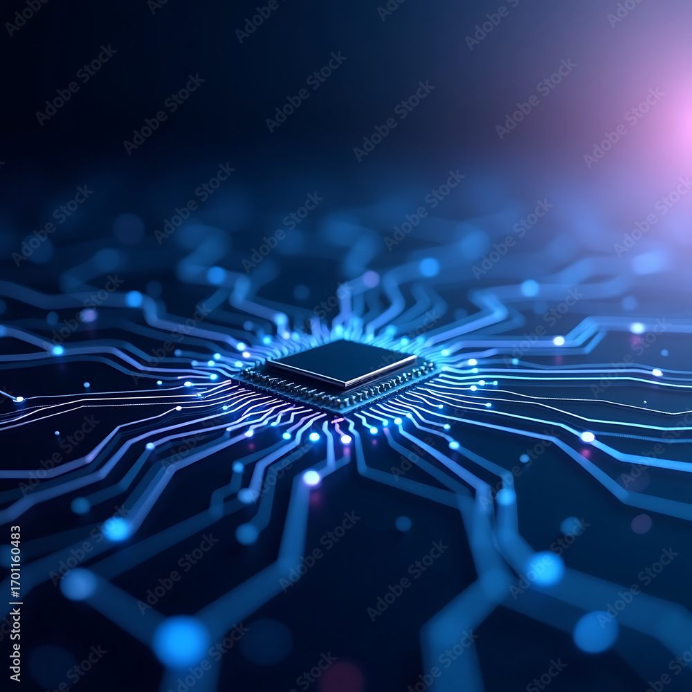 Poster dynamic glowing circuit board with central processor powering innovation and digital transformation