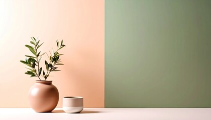 Peach and Sage Green Background with Olive Branch in Vase