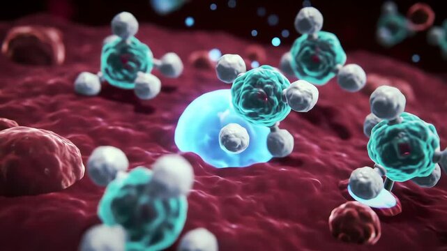 drug molecules docking into a cancer cell receptor, glowing like keys sliding into locks, halting cell division
