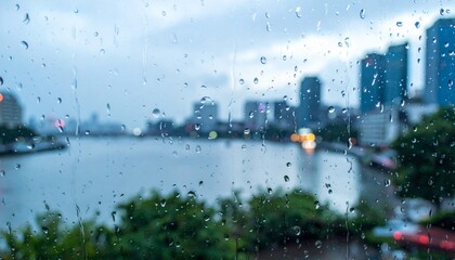 Rain Drops on Glass Overlooking a Tranquil River and Cityscape at Dusk with Dramatic Sky