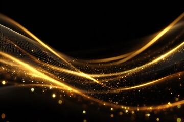 Golden, flowing lines with glittering particles on a black background
