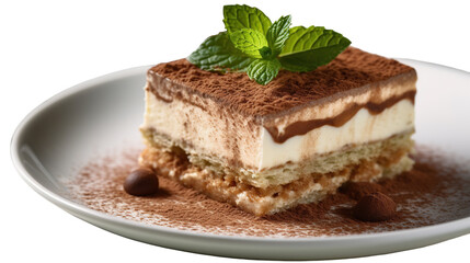 A slice of tiramisu on a white plate