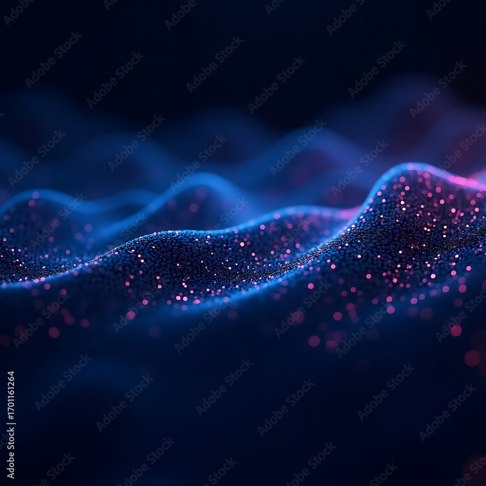 Poster Dynamic abstract glowing particles flow in deep blue and pink light creating futuristic digital wave patterns