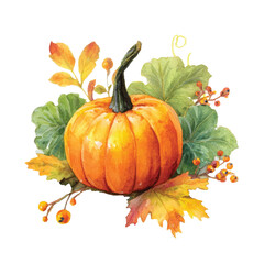 Watercolor Pumpkin with Fall Foliage, isolated on white background