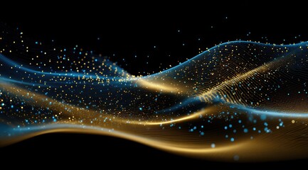 Abstract digital wave of gold and blue particles on a black background.  A flowing, wavy pattern of shimmering gold and blue particles